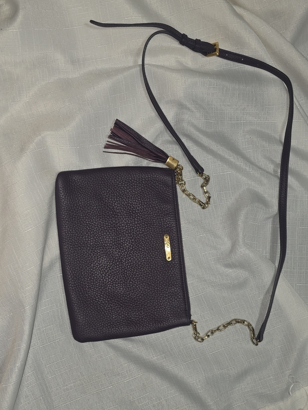 GiGi New York Plum Leather Crossbody with Tassel & Gold Chain